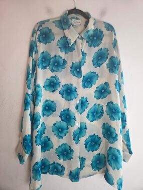 Linea by Louis Dell'Olio Blue White Floral 100% Silk  Button Down Blouse sz 2X